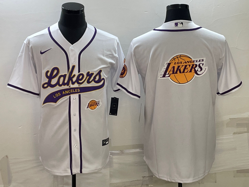 Men's Los Angeles Lakers White Team Big Logo With Patch Cool Base Stitched Baseball Jersey Men's Los Angeles Lakers White Team Big Logo With Patch Cool Base Stitched Baseball Jersey